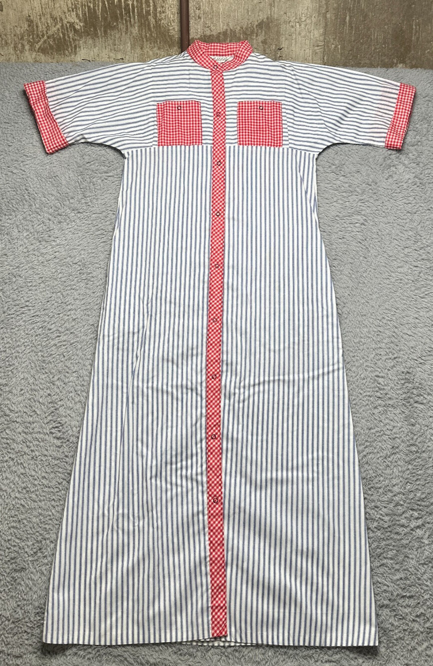 Vintage 70s Womens Pajamas Size M White Stripe House Dress Snap Button Models